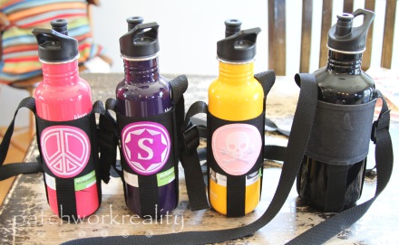 Custom patched water bottle slings.